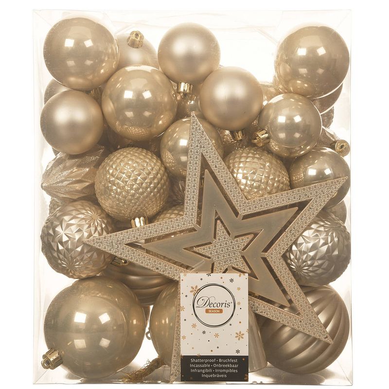Foto van Set 66x stuks kunststof kerstballen met ster piek champagne - kerstbal