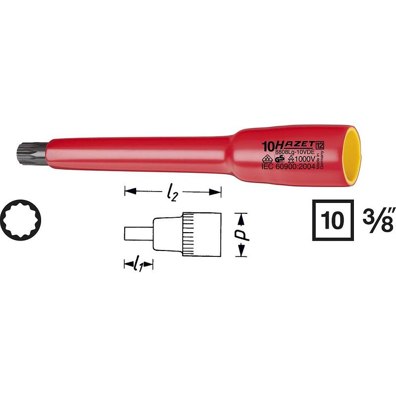 Foto van Hazet 8808lg-8kv veeltand (xzn) vde-dopsleutelinzet 8 mm 3/8 (10 mm)