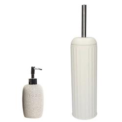 Foto van Wc-/toiletborstel en houder 40 cm met zeeppompje 400 ml wit - badkameraccessoireset