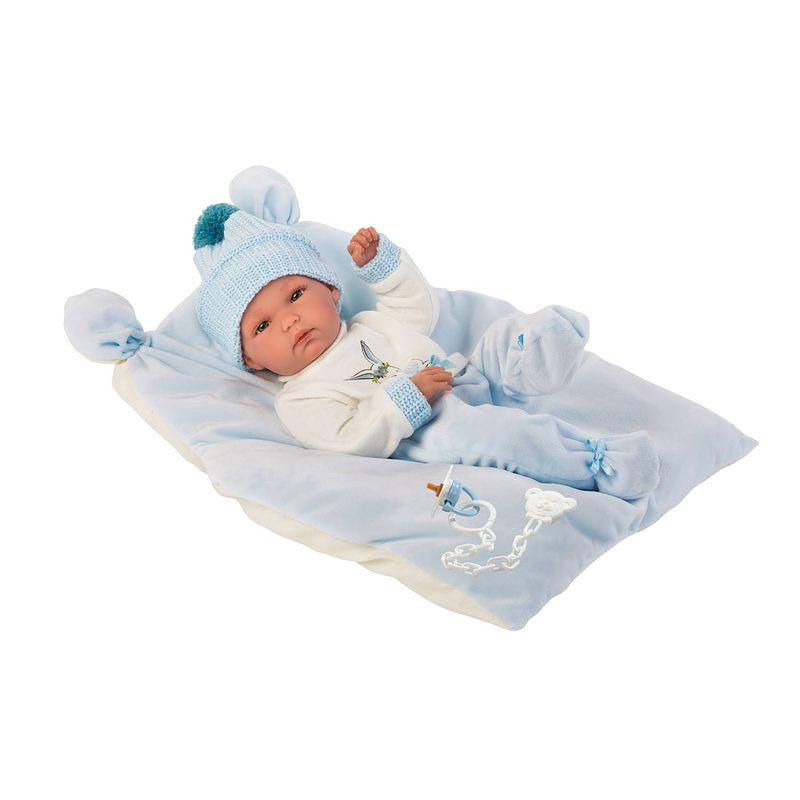 Foto van Llorens blanke pop bimbo con cojin celeste met muts 35cm