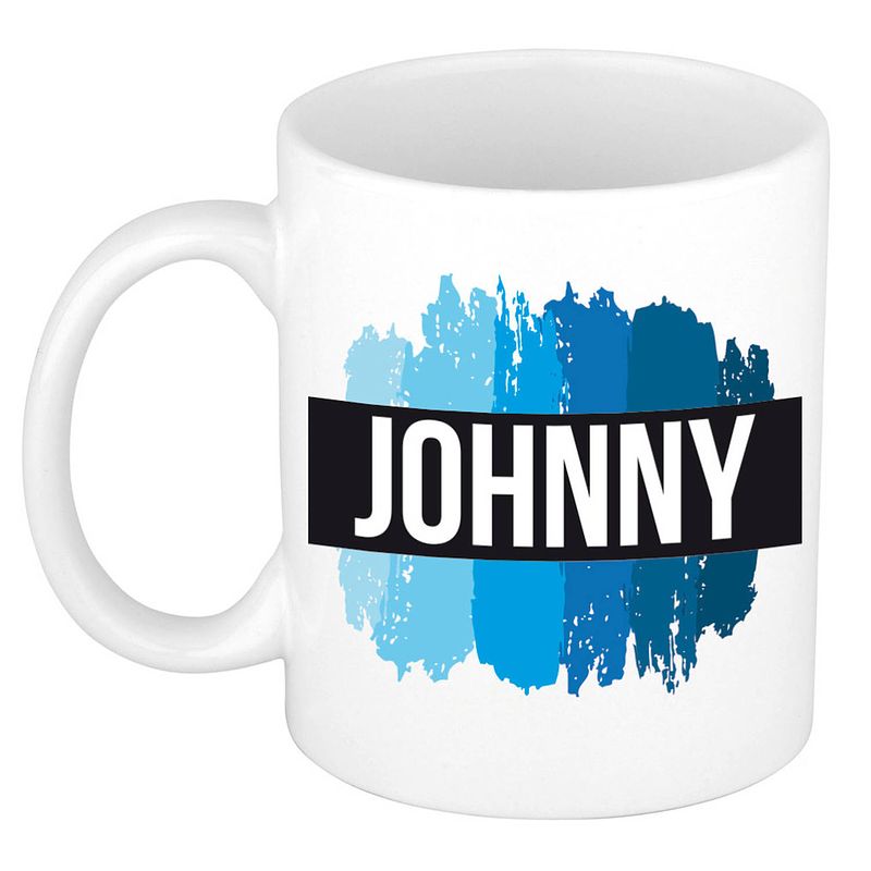 Foto van Naam cadeau mok / beker johnny met blauwe verfstrepen 300 ml - naam mokken