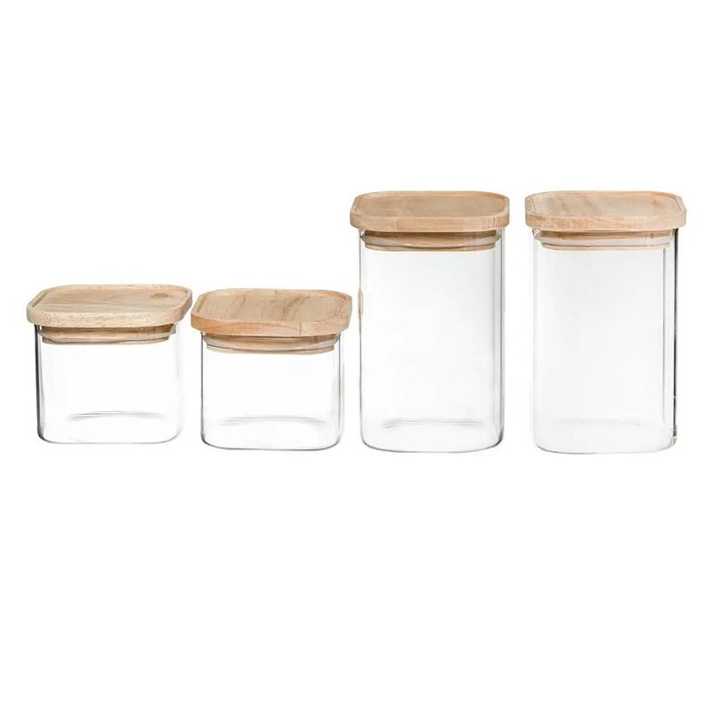 Foto van Set van 4 voorraadbussen/voorraadpotten 0,5l - 1l glas met houten deksel - voorraadpot