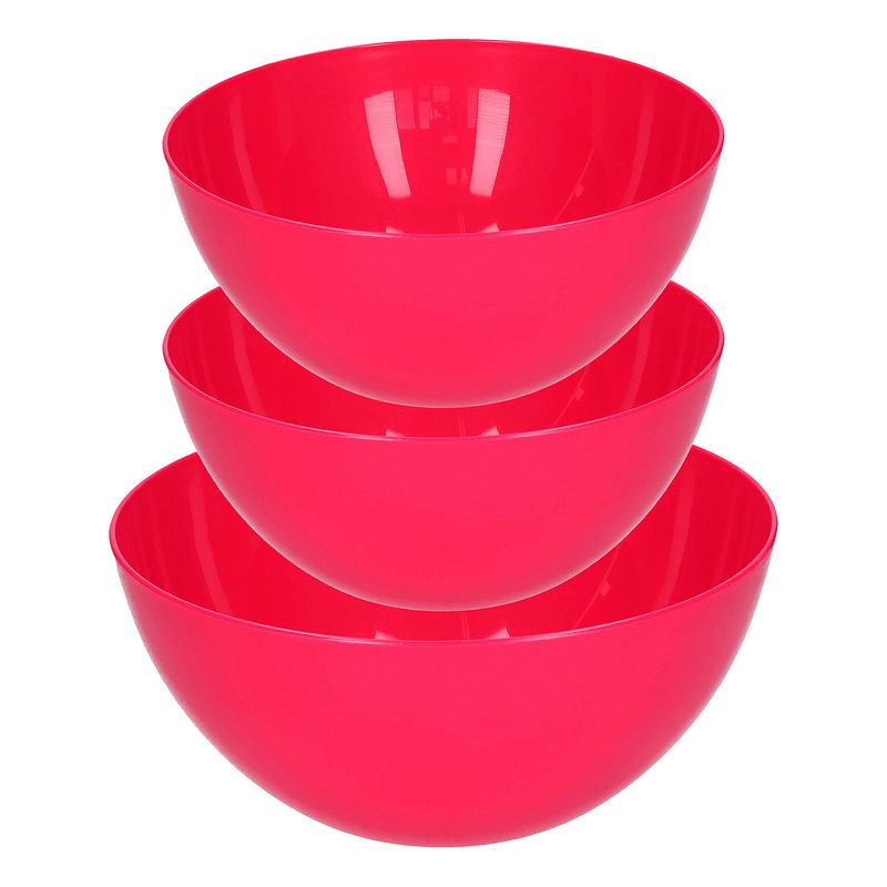 Foto van Plasticforte voedsel serveer schalen set - 3x stuks - fuchsia roze - kunststof - dia 23 en 26 cm - serveerschalen