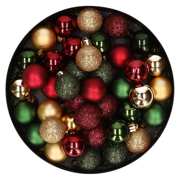 Foto van 42x stuks kunststof kerstballen donkergroen, donkerrood en goud mix 3 cm - kerstbal