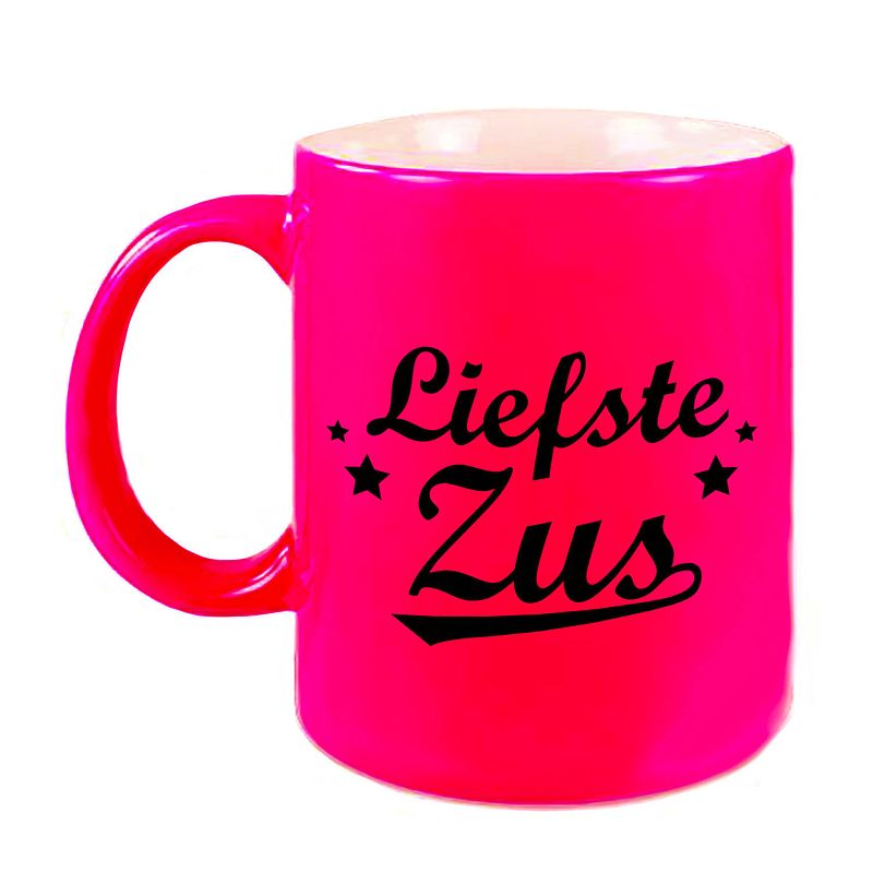 Foto van Liefste zus cadeau mok / beker neon roze met sterren 330 ml - feest mokken