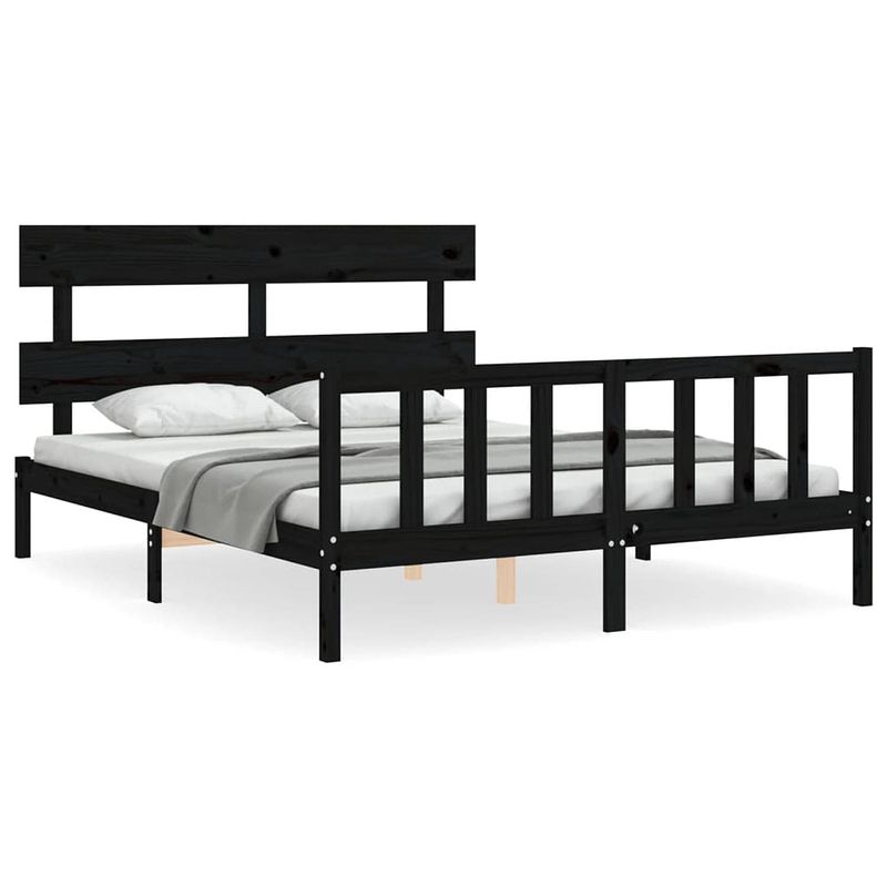 Foto van The living store massief grenenhouten bedframe - zwart - 205.5 x 155.5 x 81 cm - multiplex lattenbodem - functioneel