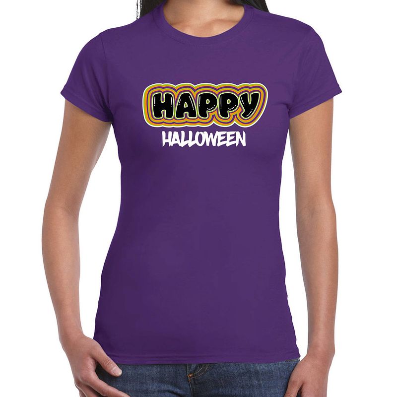 Foto van Bellatio decorations halloween verkleed t-shirt dames - happy halloween - paars - themafeest outfit s - feestshirts