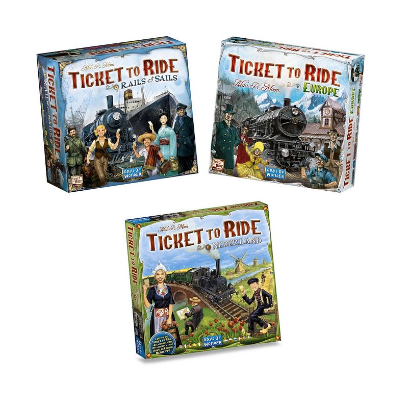 Foto van Ticket to ride - 3 stuks - basisspellen rails and sails en europa & uitbreiding nederland