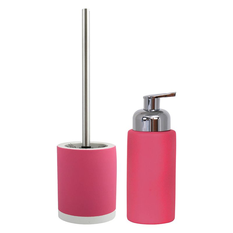 Foto van Msv badkamer accessoires set - fuchsia roze - zeeppompje/wc-borstel - badkameraccessoireset