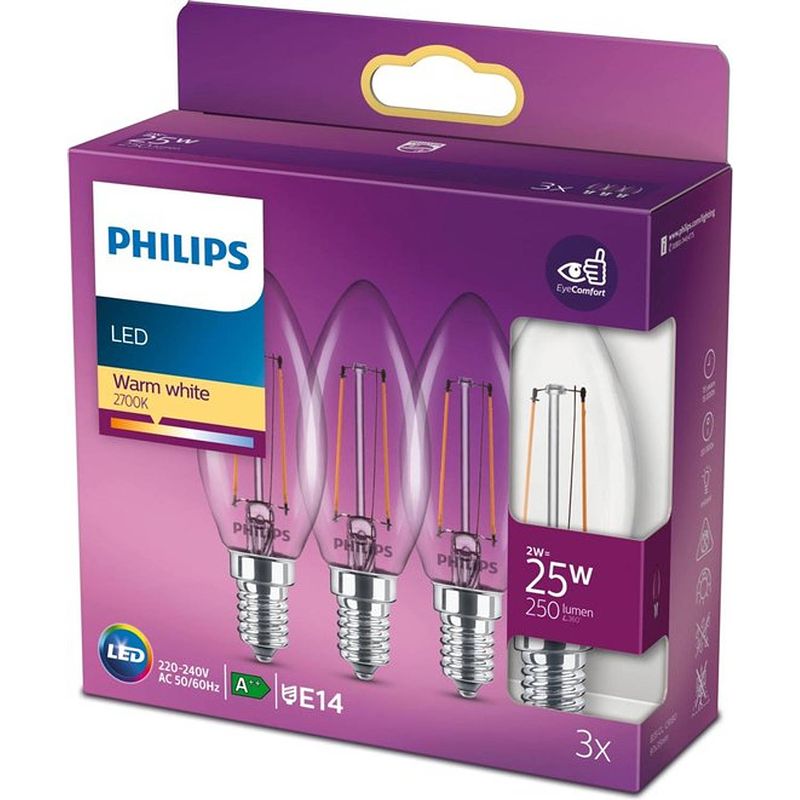 Foto van Philips - led kaars - e14 - transparant - 25w - warm wit licht - 3 stuks