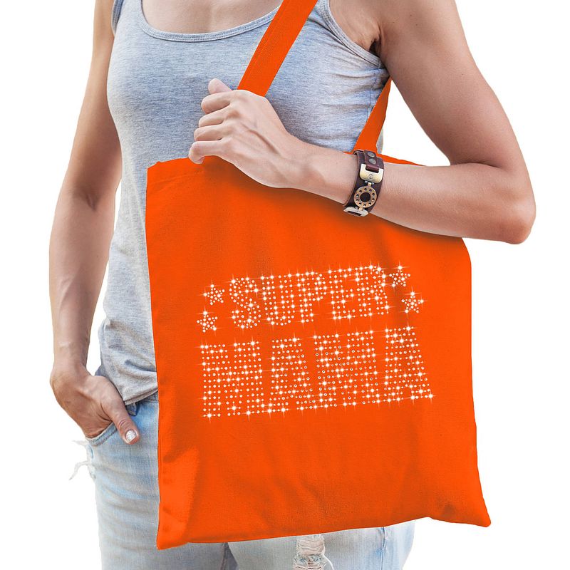 Foto van Glitter super mama katoenen tas oranje rhinestones steentjes voor dames - moederdag - feest boodschappentassen