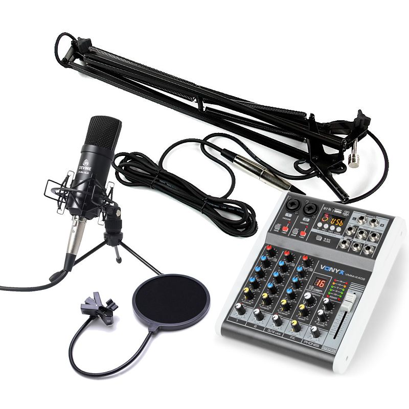 Foto van Devine m-mic podcast set plus studiomicrofoon met usb-mixer