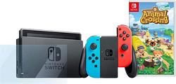 Foto van Nintendo switch rood/blauw + animal crossing new horizons + bluebuilt screenprotector