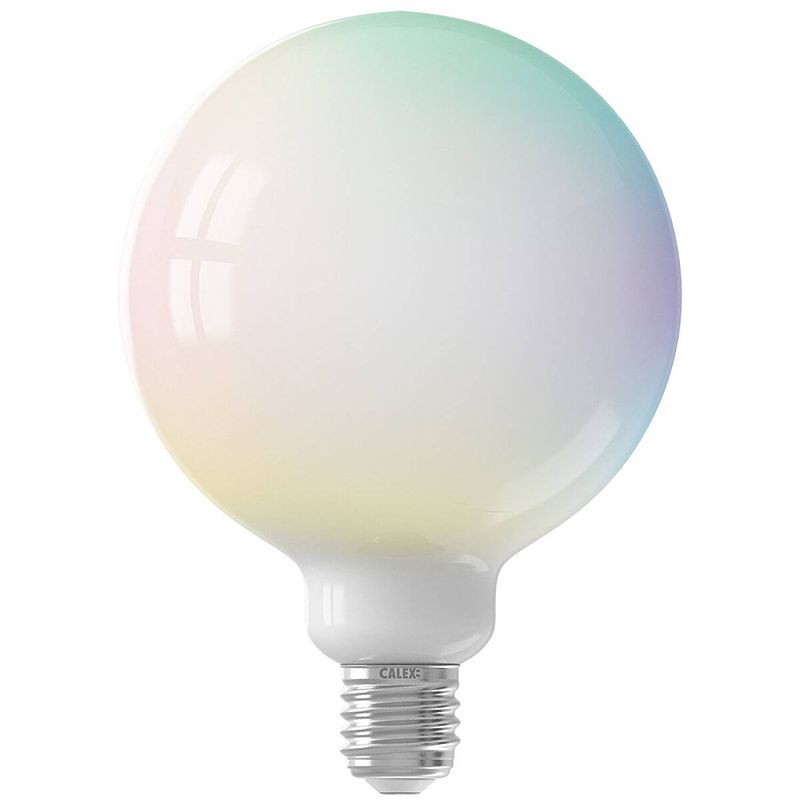 Foto van Calex - led lamp - globe - smart led g125 - e27 fitting - dimbaar - 5w - aanpasbare kleur cct - rgb - mat wit