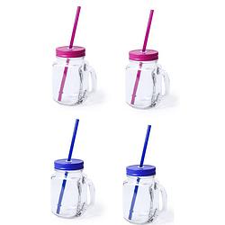 Foto van 4x stuks drink potjes van glas mason jar blauw/roze 500 ml - drinkbekers