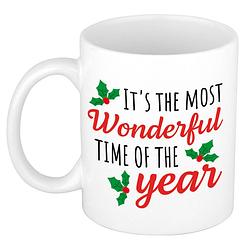 Foto van Most wonderful time of year kerstmis cadeau kerstmok / kerstbeker wit 300 ml - bekers