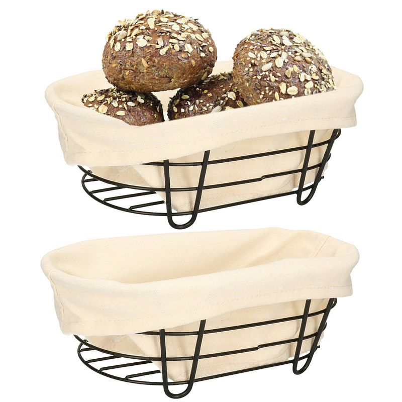 Foto van Set van 2x stuks 5five - broodmand bistro - metaal/stof - zwart/creme wit - 28 x 18 x 11 cm - broodmand