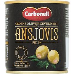 Foto van Carbonell groene olijven gevuld met ansjovis pasta 200g bij jumbo