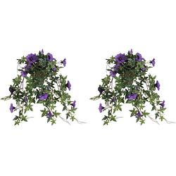 Foto van 2x stuks groene petunia paarse bloemen kunstplanten 50 cm - kunstplanten