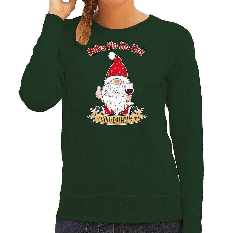 Foto van Bellatio decorations foute kersttrui/sweater dames - wijn kabouter/gnoom - groen - doordrinken l - kerst truien