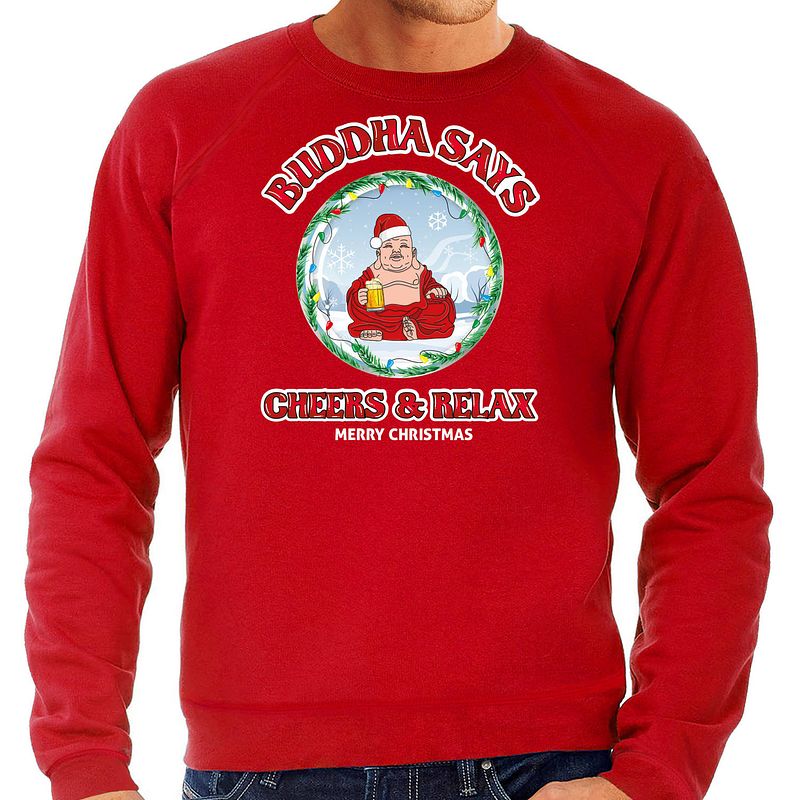 Foto van Bellatio decorations foute kersttrui/sweater heren - buddha says cheers & relax - rood - bier l - kerst truien