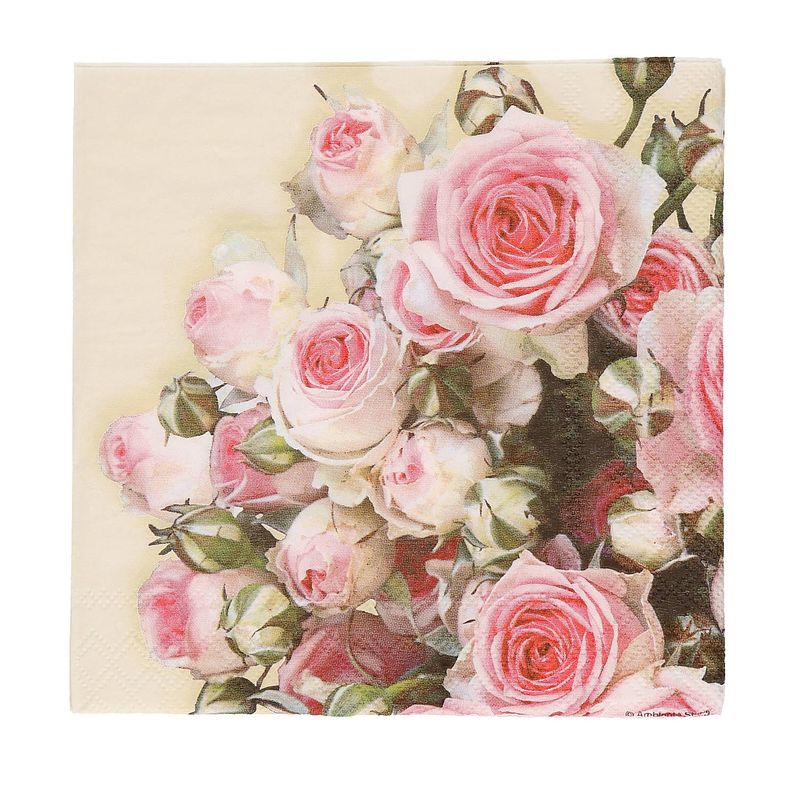 Foto van 40x geel met rozen/bloemen voorjaar servetten 33 x 33 cm - papieren wegwerpservetten 3-laags