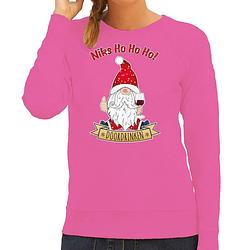 Foto van Bellatio decorations foute kersttrui/sweater dames - wijn kabouter/gnoom - roze - doordrinken xl - kerst truien