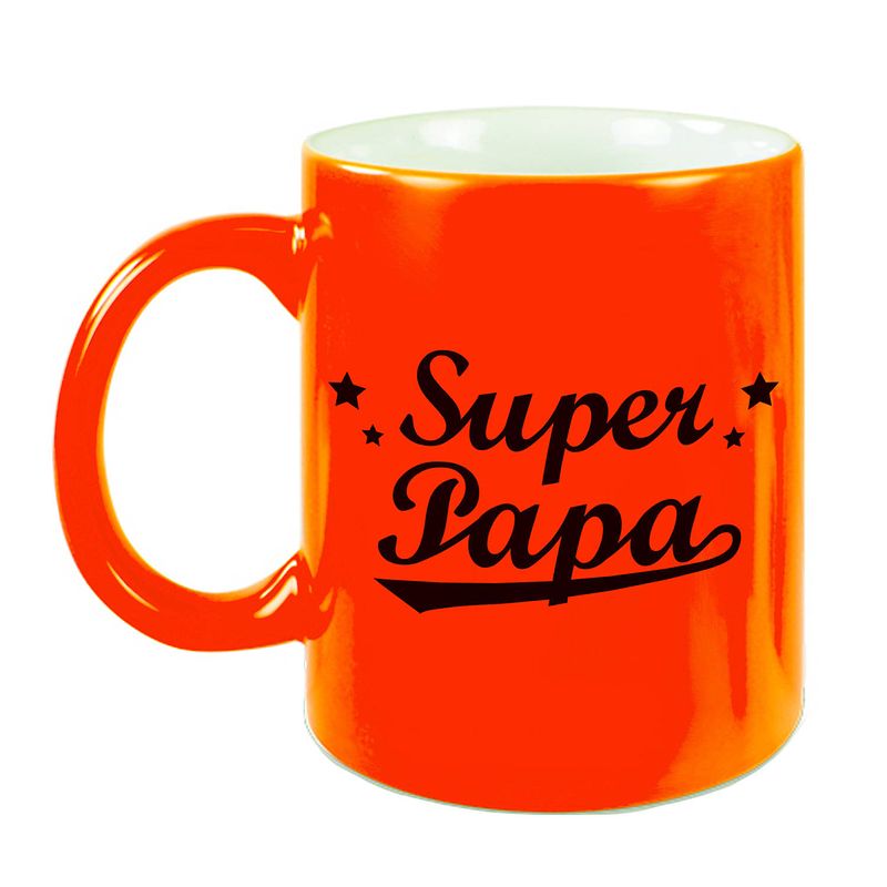 Foto van Super papa mok / beker neon oranje voor vaderdag/ verjaardag 330 ml - feest mokken