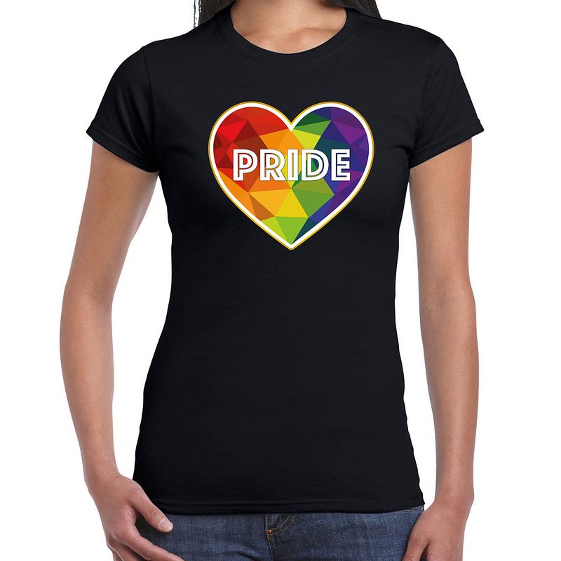 Foto van Bellatio decorations gay pride shirt - pride hartje - regenboog - dames - zwart m - feestshirts