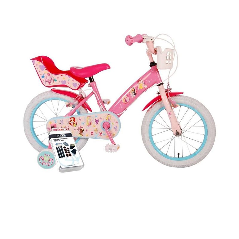 Foto van Volare kinderfiets disney princess - 16 inch - roze - twee handremmen - inclusief ways bandenplakset