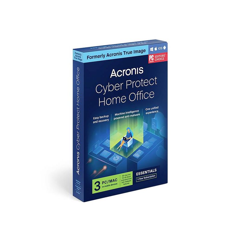 Foto van Acronis cyber protect home office essentials eu licentie voor 1 jaar, 3 licenties windows, mac, ios, android beveiligingssoftware