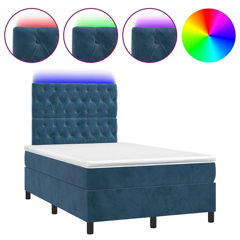 Foto van The living store boxspring donkerblauw fluweel 203 x 120 x 118/128 cm - led - pocketvering