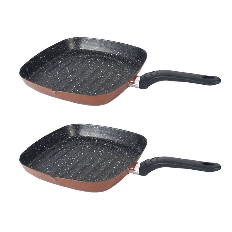 Foto van Set van 2x stuks aluminium grillpan burgos vierkant met anti-aanbak laag 27 cm - grilpannen