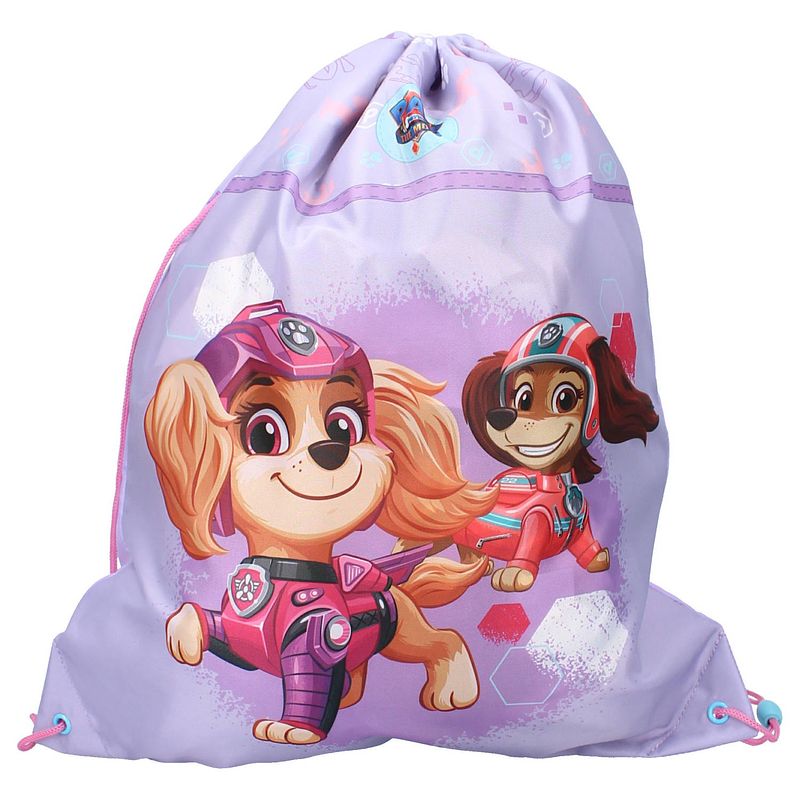 Foto van Paarse paw patrol sport gymtas / rugzak 44 x 37 cm voor kinderen - gymtasje - zwemtasje