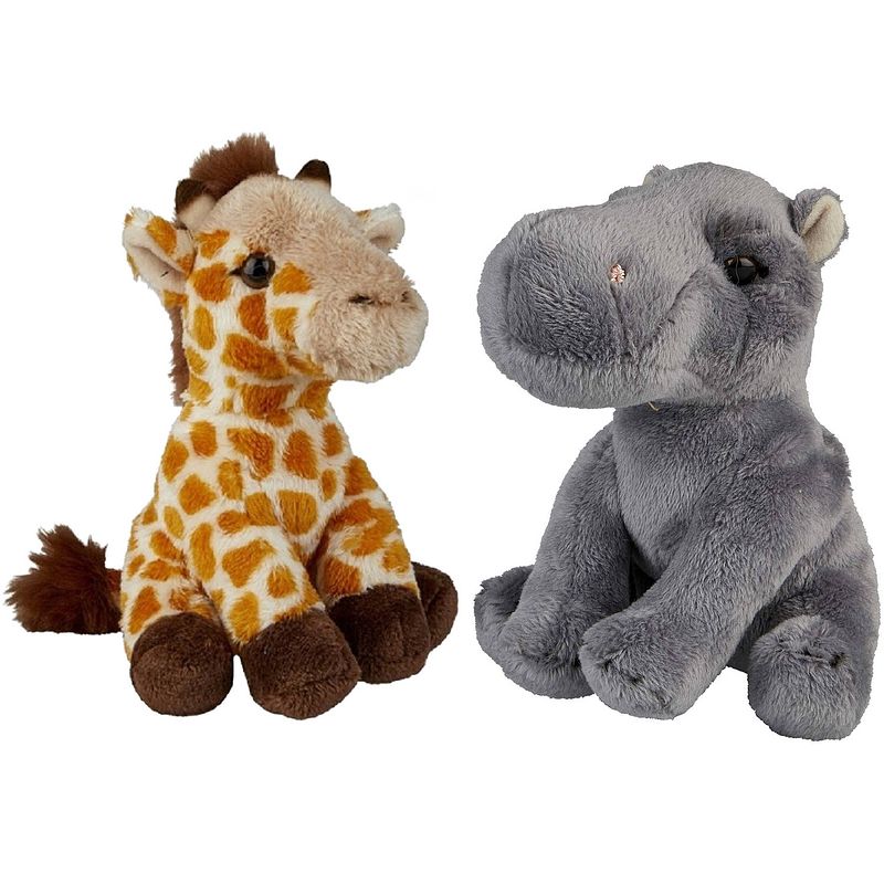 Foto van Safari dieren serie pluche knuffels 2x stuks - nijlpaard en giraffe van 15 cm - knuffeldier