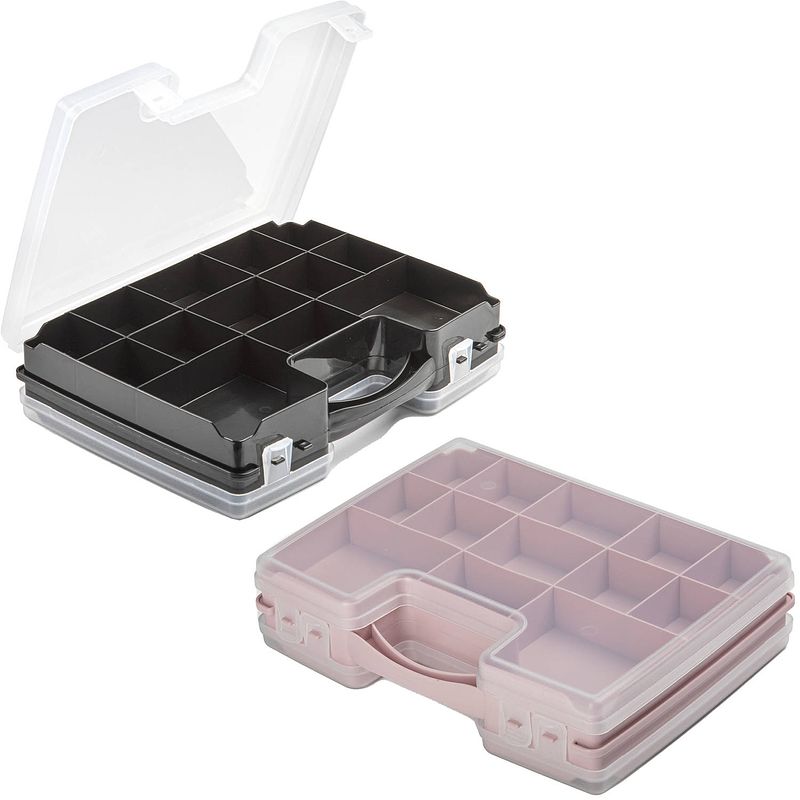 Foto van Forte plastics - 2x opberg vakjes doos/sorteerbox - 21-vaks kunststof - 28 x 21 x 6 cm - zwart/roze - opbergbox