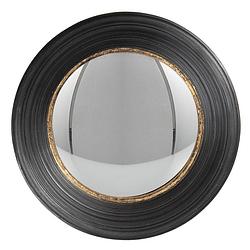 Foto van Haes deco - bolle ronde spiegel - zwart - ø 34x6 cm - polyurethaan ( pu) - wandspiegel, spiegel rond, convex glas