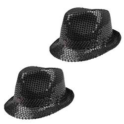 Foto van 2x stuks trilby hoeden met pailletten - zwart - glitter - verkleedhoofddeksels