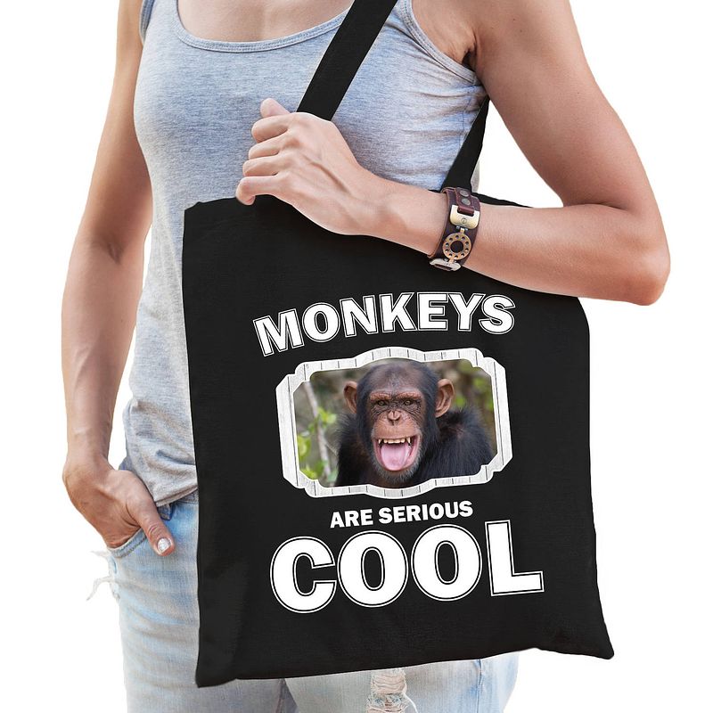 Foto van Katoenen tasje monkeys are serious cool zwart - apen/ chimpansee cadeau tas - feest boodschappentassen