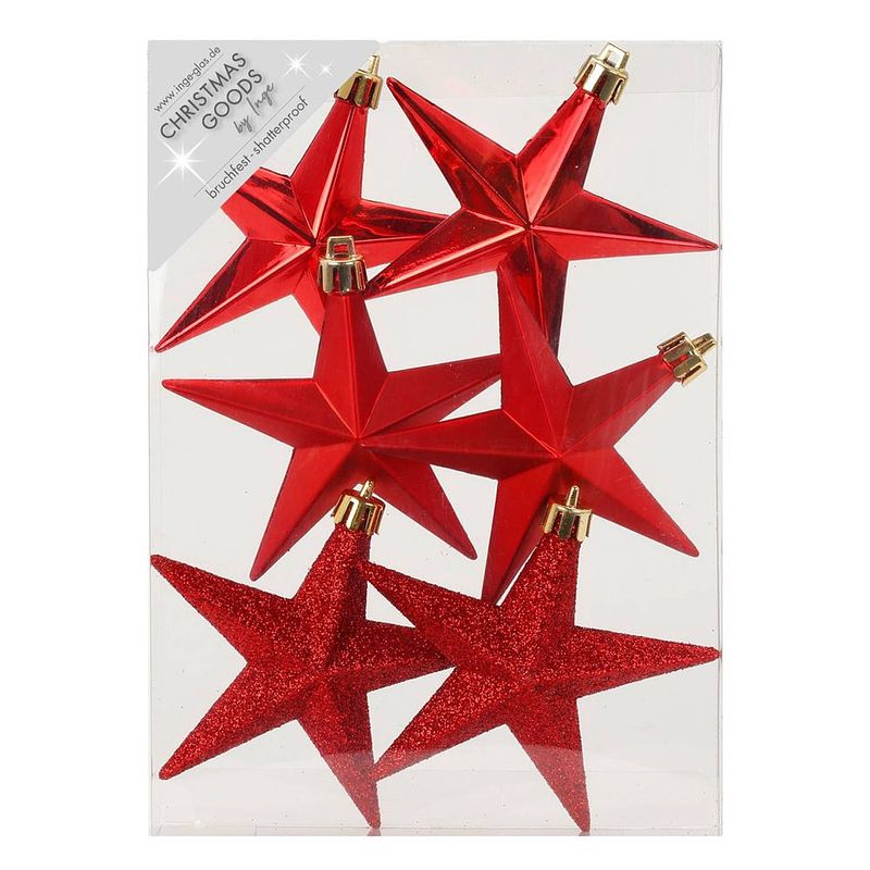 Foto van 6x stuks kunststof kersthangers sterren rood 10 cm kerstornamenten - kersthangers