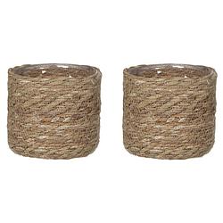 Foto van 2x stuks naturel bruin rotan planten pot mand van gedraaid jute/riet h14 en d14 cm - plantenpotten