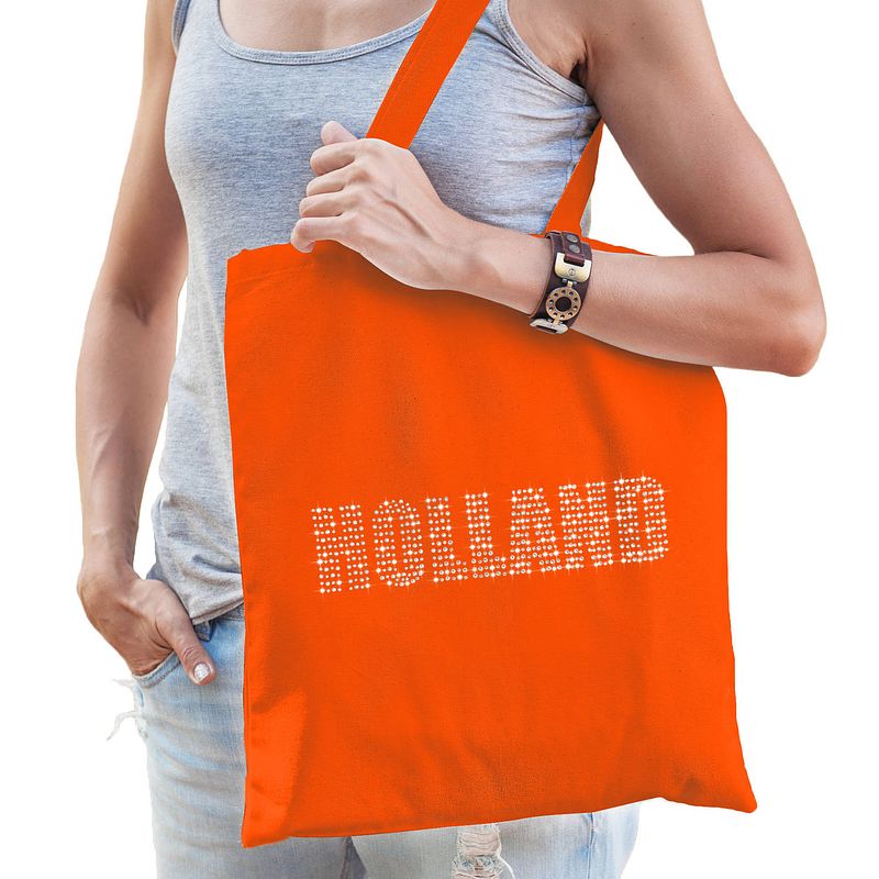 Foto van Glitter holland katoenen tas oranje rhinestones steentjes voor dames en heren nederland supporter ek - feest boodschappe