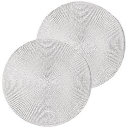 Foto van 2x ronde kerst placemats glimmend zilver 38 cm geweven/gevlochten - placemats