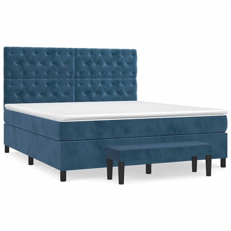 Foto van The living store boxspringbed - donkerblauw - 203 x 160 x 118/128 cm - fluweel - verstelbaar hoofdbord - pocketvering