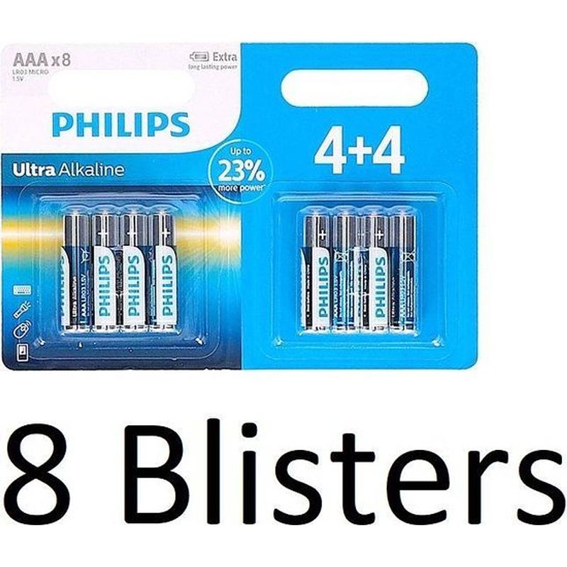 Foto van 64 stuks (8 blisters a 8 st) philips ultra alkaline lr03/aaa batterijen 4+4
