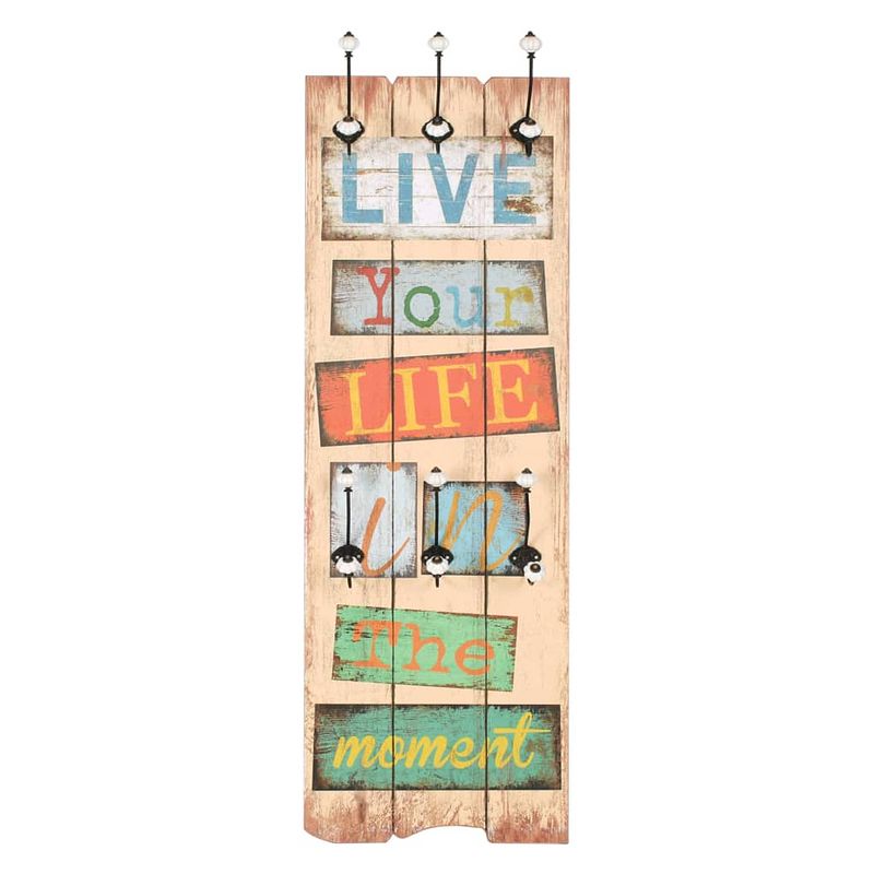 Foto van The living store kapstok vintage - mdf-plaat en metalen haken - 40 x 120 cm - 6 haken