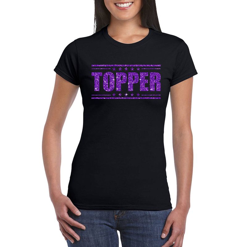 Foto van Toppers topper t-shirt zwart met paarse glitters dames xl - feestshirts