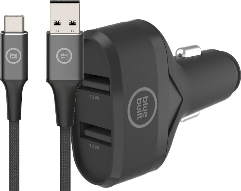 Foto van Bluebuilt autolader met 2 usb a poorten 12w + usb c kabel 1,5m nylon zwart