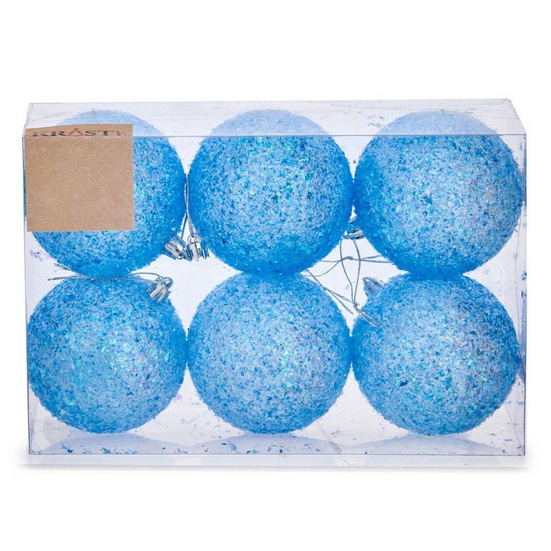 Foto van 6x stuks kerstballen helder blauw glitter kunststof 8 cm - kerstbal