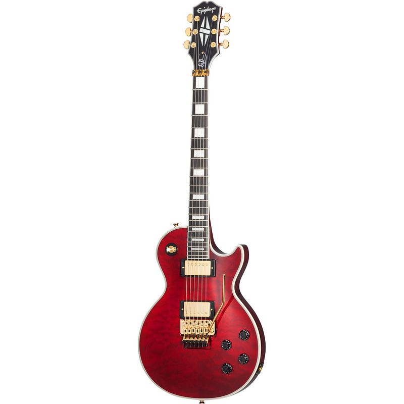 Foto van Epiphone alex lifeson les paul custom axcess quilt ruby elektrische gitaar met koffer